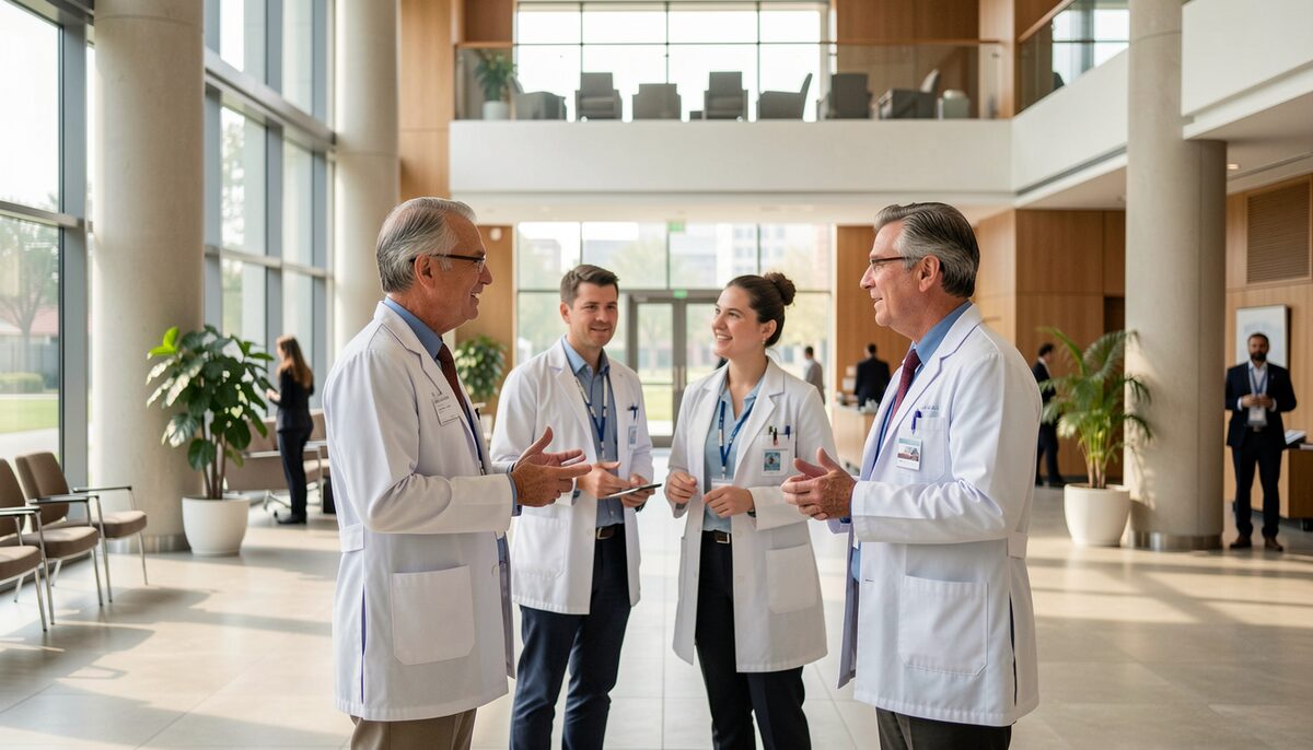 Physicians from different countries talking together in a spacious conference lobby.